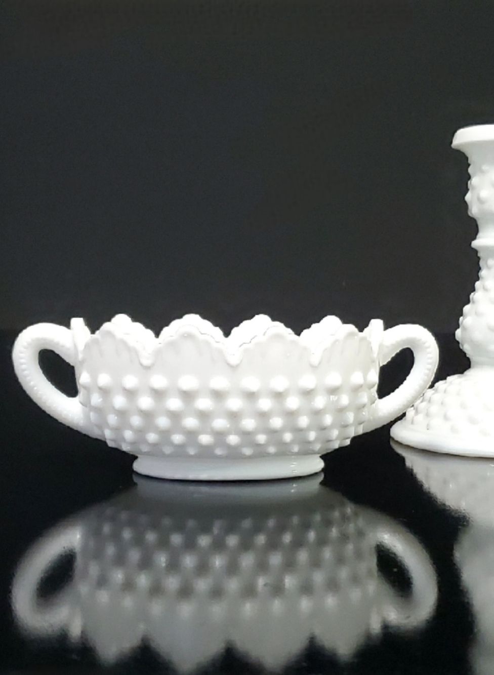 7" Fenton Hobnail Fresh White Milk Glass Handle Dish